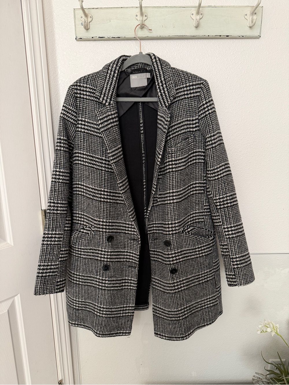 ASOS Black & White Plaid Double-Breasted Pea Coat - US 6